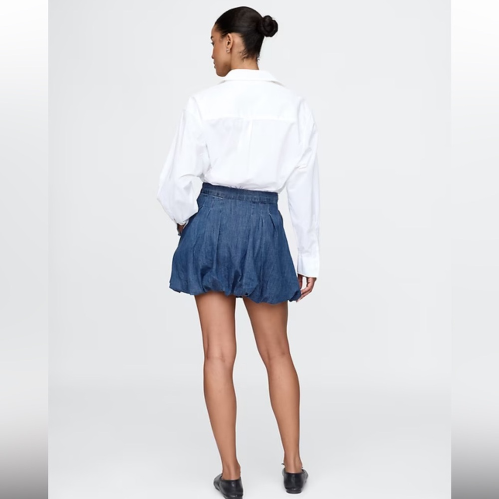 GAP Denim Chambray Bubble Mini Skirt Women’s Medium Indigo Pleated Button Front - Picture 2 of 14